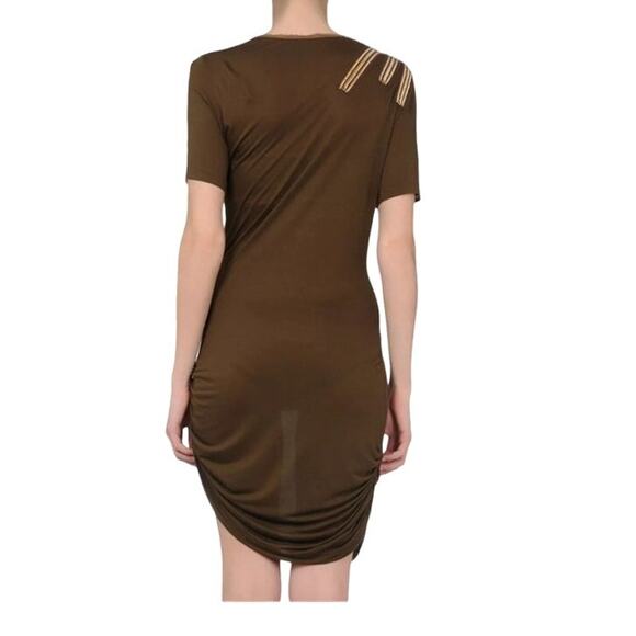 ROBERTO CAVALLI Dress Jersey Chain Embellished Ruched Short Sleeve Green 44 EUC - Picture 2 of 12